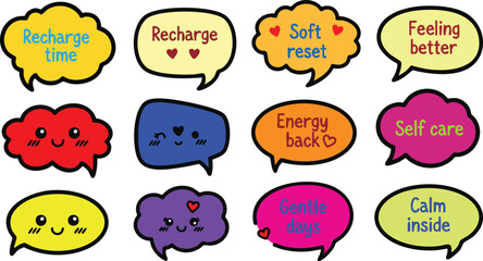 Colorful Self Care Speech Bubbles with Quotes Vector Set. Kawaii Mental Health Stickers with Positive Affirmations for Wellness and Relaxation.