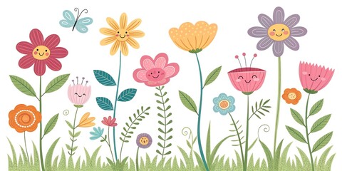 Obraz premium Collection of Cute Cartoon Meadow Flowers with Happy Smiling Faces and Green Grass