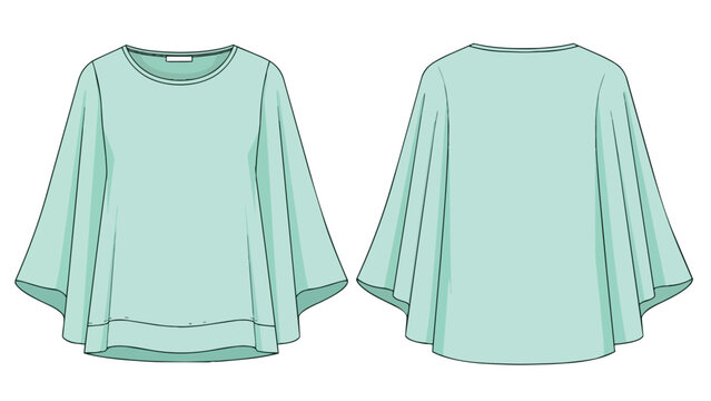 Mint green women's fashion flat sketch featuring a relaxed fit and flowing bell sleeves