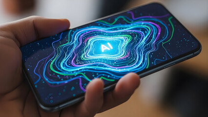 Hand holding smartphone displaying active generative AI interface on bright screen in a modern digital context clean minimal .Concept of generative AI,artificial intelligence,mobile technology.