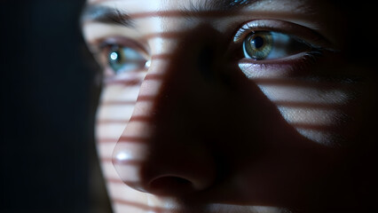 Partially illuminated face by digital screen light in dark environment highlighting modern technology interaction and human focus .Concept of digital light,screen glow,technology,modern life.