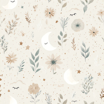 design an adorable pattern featuring pastel-colored flowers, leaves, and stars with a cute smiling moon face in the background.