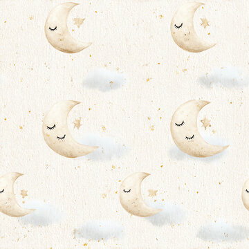 watercolor, beige and white-colored background pattern with moon-shaped clouds and stars, and a sleeping baby face inside the crescent. seamless, digital paper.