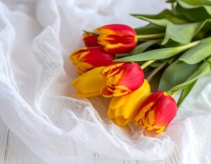 Vibrant tulips on sheer fabric