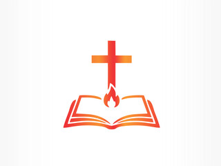 Obraz premium Open book with flame and cross symbolizing scripture, divine inspiration, and Christian enlightenment.