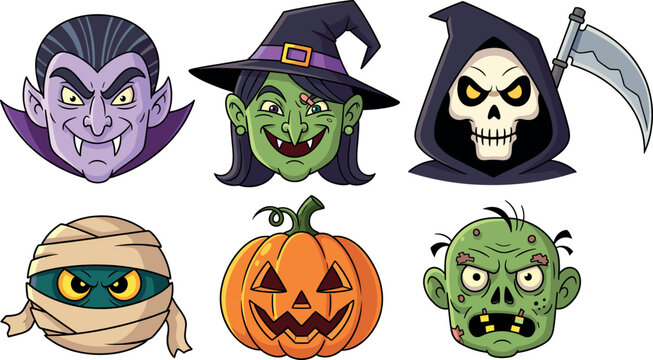 Halloween spooky character face vector set with vampire witch grim reaper skull mummy pumpkin zombie cartoon illustration icons