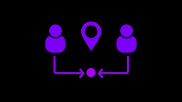 Two Purple People Icons Connected to a Location Pin Icon on Black Background person user