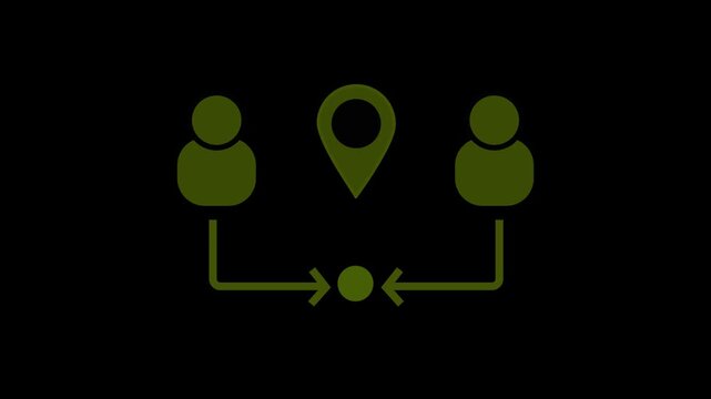 Two Olive Green People Icons Connected to a Location Pin Icon on Black Background person user