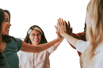 PNG diverse businesswomen putting hands in the middle, transparent background