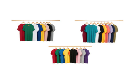 Colorful t-shirt hangers on transparent background