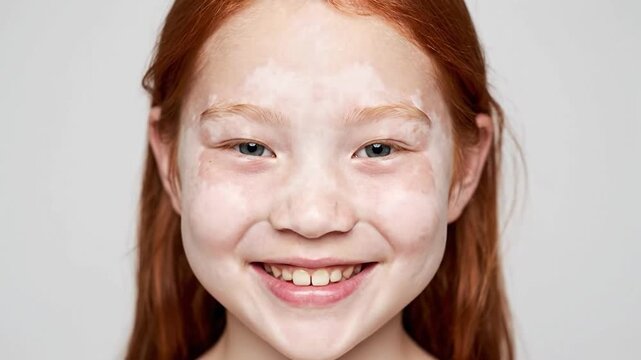 A young person with vitiligo smiles warmly, showcasing unique skin pigmentation