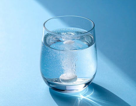 Effervescent tablet in water on blue