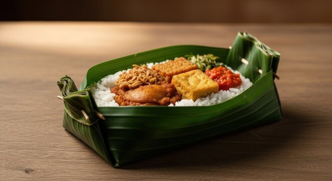 Nasi Bungkus: Indonesian Rice Meal Wrapped in Banana Leaf with Fried Chicken and Sambal