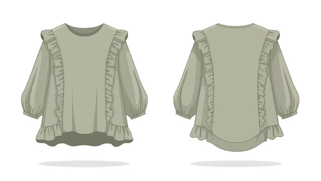 Elegant sage green women's long-sleeve blouse with stylish ruffles on shoulders, front, and hem, complemented by chic puffed sleeves, a versatile