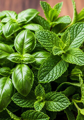 Fresh green basil and mint leaves with water drops. Food ingredient and aromatherapy herb. Botanical close up for healthy eating.