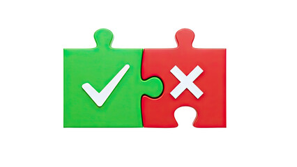 Obraz premium Two Puzzle Pieces, Checkmark and Cross