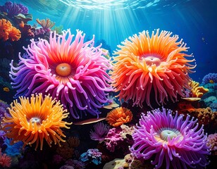 Vibrant underwater anemones on coral reef