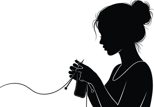 Black silhouette vector of a woman profile sitting and knitting with needles and yarn for handmade craft hobby