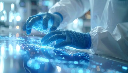 Exploring Scientific Frontier: A skilled scientist, meticulously handles advanced technology, creating a glowing web of data. Evoking innovation, precision, and technological advancement.