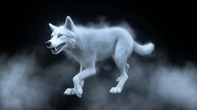 White wolf running through smoke on a dark background.