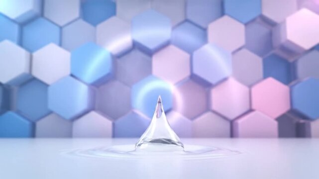 Transparent droplet suspended against a blurred backdrop of blue and white hexagonal shapes