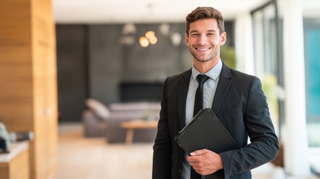Real estate business market, house home building purchase sale. A man in a black suit, white shirt, and black tie, smiling confidently while holding a black folder in his hand.