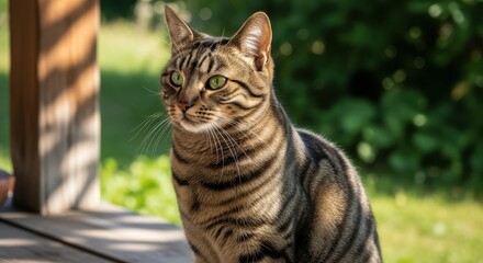 A focused tabby cat sits alert in the sunlight.