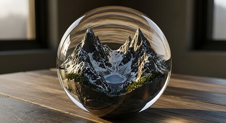 A clear glass sphere reflecting an inverted snow-capped mountain landscape with a lake, resting on a wooden table.