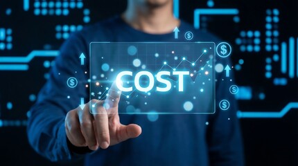 Business man analyzing financial costs on a modern digital interface, symbolizing strategic planning and economic growth in a vibrant, futuristic setting.