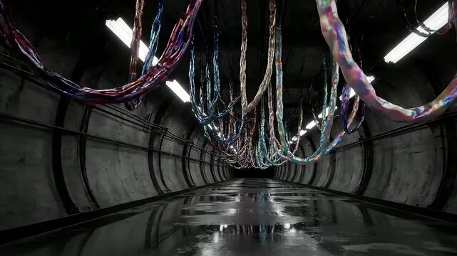Hypnotic Iridescent Cables Flowing Through a Dark Futuristic Tunnel, Showcasing Dynamic Network Infrastructure Aesthetics and Digital Connectivity