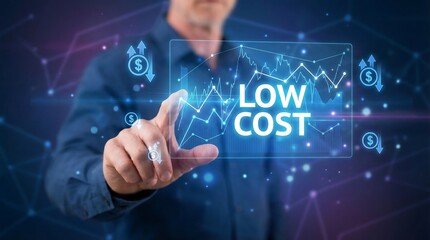 Businessman analyzing low cost financial trends on a digital graph, symbolizing smart investment and growth strategies in a modern workspace.