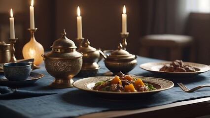 Fototapeta premium Ramadan Tableware Arrangement With Neutral Textiles And Realistic Detail