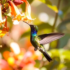 Obraz premium Vibrant hummingbird in flight, feeding on a flower (1)
