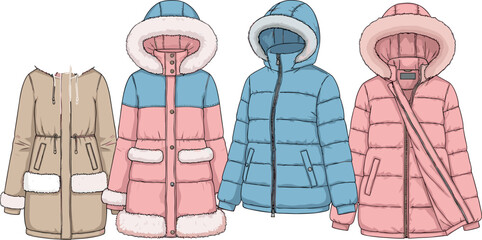 Vector illustration set featuring modern winter puffer jackets parkas with fur trim and quilted coats for cold weather fashion © PUTUL