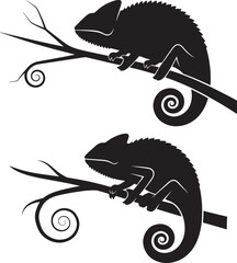 Silhouette of two chameleons on a branch