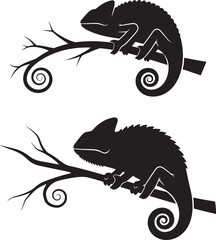 Silhouette of two chameleons on spiral branches