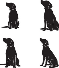 Four black silhouette dog illustrations in sitting position