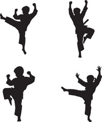 Martial arts silhouette postures with four different kicking stances silhouette