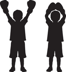 Two black silhouette children boxers in victory poses