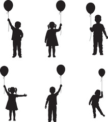 Silhouette of children playing with balloons in various poses