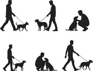 Silhouette of a person walking and interacting with dogs
