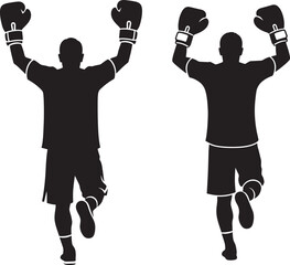 Two boxers in silhouette celebrating victory with arms raised