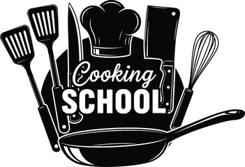 Professional cooking school emblem vector illustration with chef hat kitchen utensils frying pan and bold culinary education typography