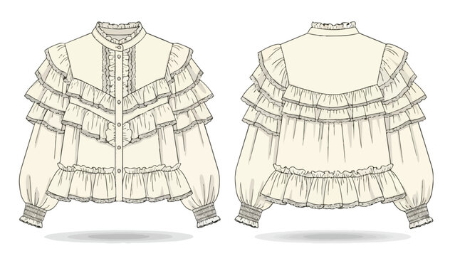 Vintage style blouse technical drawing with intricate ruffles, high collar, and voluminous sleeves. A detailed fashion flat sketch for garment