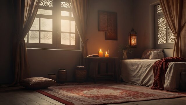 Serene Ramadan Prayer Corner at Home with Lantern Glow and Balanced Composition