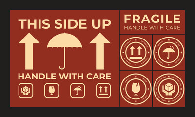 Fototapeta premium Red Background Shipping Instructions Collage: This Side Up Arrows Umbrella, Fragile Glass Box Handle Care Beige Icons
