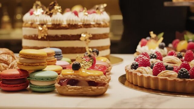 Assortment of desserts cakes macarons pastries on display