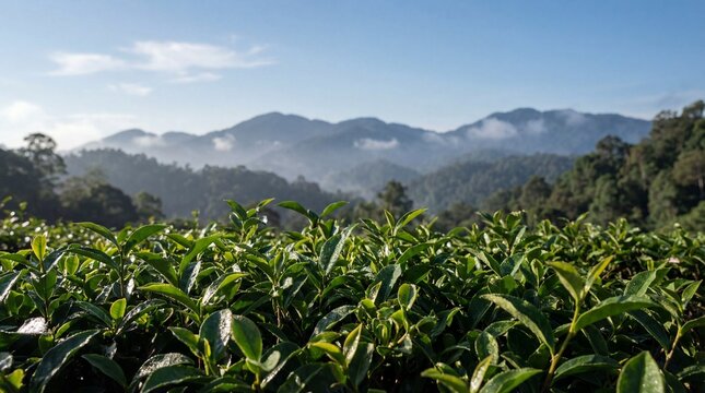Vibrant green tea crop leaves covered in dew against a backdrop of hazy, mist-shrouded mountain landscape under a clear sky.