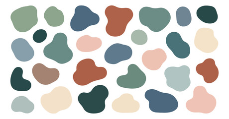 Abstract organic shapes set featuring various irregular fluid forms in a muted color palette for modern design projects