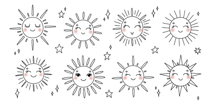 Hand drawn line art sun and stars set featuring cute celestial elements with various expressions for children's designs